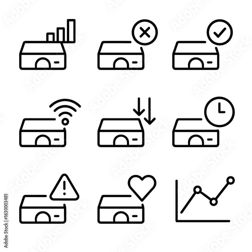Gateway Monitoring Icons. Outline icon set of gateway monitoring: traffic analytics, error logs, uptime status, connection quality