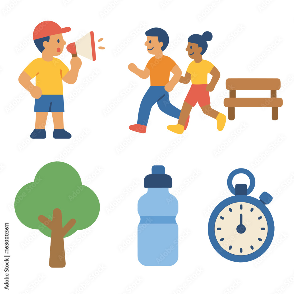 Outdoor Workout Scene. Flat vector mini-illustrations Outdoor group workout instructors in park in colors children’s illustrations Outdoor Workout Scene. Flat vector mini-illustrations Outdoor group workout instructors in park in colors children’s illustrations