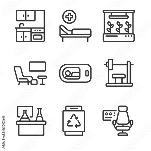 Spacecraft Facility Icons. Outline icon set of onboard facilities: galley kitchen, medical bay, hydroponics lab, recreation area,