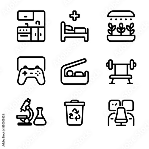 Spacecraft Facility Icons. Outline icon set of onboard facilities: galley kitchen, medical bay, hydroponics lab, recreation area,