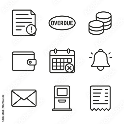 Overdue Notices Icon Set. Outline icon set of overdue notices and fines: overdue slip, red “Overdue” stamp, coin stack, wallet,