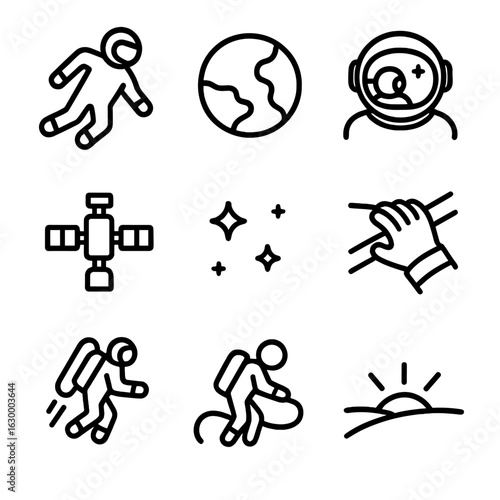 Spacewalk Icon Set. Outline icon set of spacewalk visuals: astronaut floating, Earth below, helmet reflection, distant station