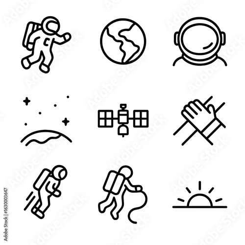 Spacewalk Icon Set. Outline icon set of spacewalk visuals: astronaut floating, Earth below, helmet reflection, distant station