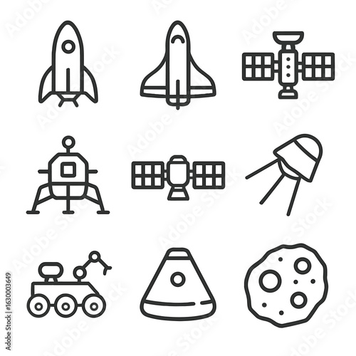 Spacecraft Icon Set. Outline icon set of spacecraft: rocket, shuttle, space station, lunar lander, satellite, probe, rover, space