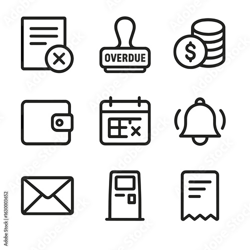 Overdue Notices Icon Set. Outline icon set of overdue notices and fines: overdue slip, red “Overdue” stamp, coin stack, wallet,