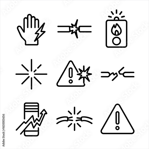 Spark Hazard Icons. Outline icon set of spark hazards: electric shock, short circuit, fire alarm, explosive spark, caution spark,