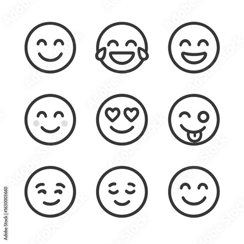 Emoji Smiles Icon Set. Outline icon set of emoji smiles: smiling face, laughing tears, grin with eyes closed, wink with tongue out