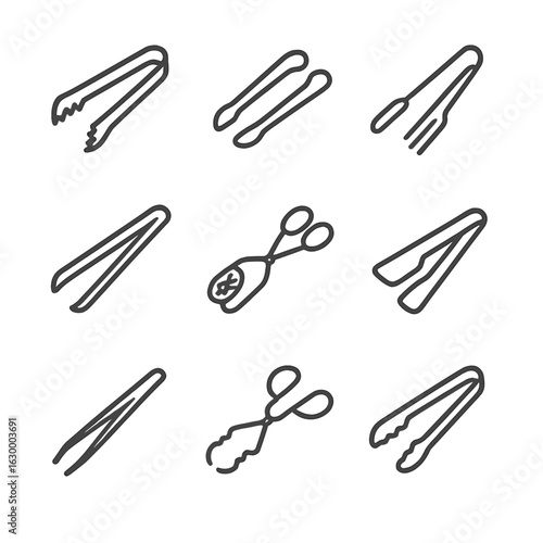 Specialized Tongs Icons. Outline icon set of specialized tongs: ice tongs, sugar tongs, cooking tongs, grill tongs, pastry tongs,