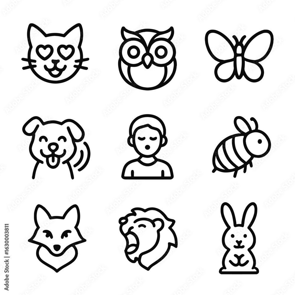 Fototapeta premium Emotional Animals Icon Set. Outline icon set of emotional animals: cat with heart eyes, dog wagging tail, owl with wide eyes,