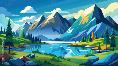 Vector art of majestic mountain range reflected in a clear blue lake surrounded by green hills and pine trees under a bright, cloudy sky