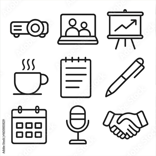 Client Meeting Icons. Outline icon set of client meetings and presentations: projector, laptop, chart, coffee