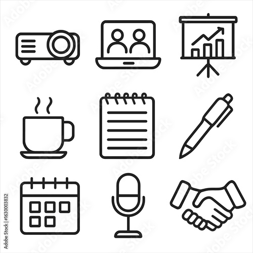 Client Meeting Icons. Outline icon set of client meetings and presentations: projector, laptop, chart, coffee