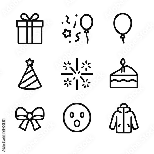 Icon Set_ Gifts & Shivers. Outline icon set of unexpected gifts and moments: gift box, confetti, balloon, party hat, fireworks,