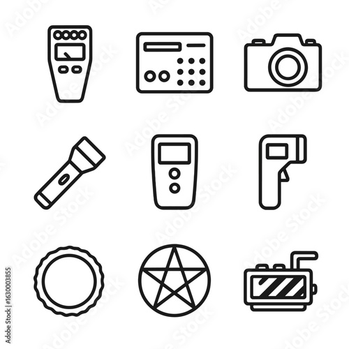 Ghost Hunting Tools Icons. Outline icon set of ghost hunting tools: EMF detector, spirit box, camera, flashlight, EVP recorder,