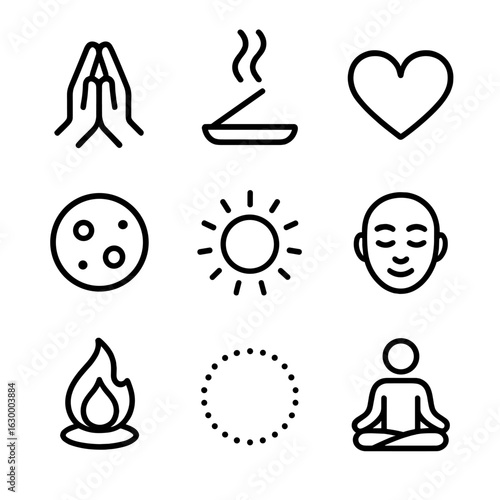 Spiritual Icon Set. Outline icon set of spiritual intentions: prayer hands, incense smoke, open heart, full moon, shining aura,
