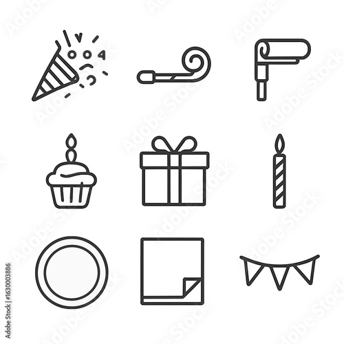 Party Accessory Icons. Outline icon set of party accessories and favors: confetti popper, party horn, noise maker, cupcake with