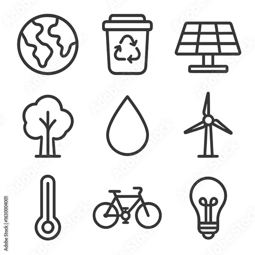 Climate Awareness Icons. Outline icon set of climate change awareness for kids: Earth, recycling bin, solar