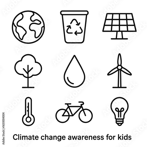 Climate Awareness Icons. Outline icon set of climate change awareness for kids: Earth, recycling bin, solar