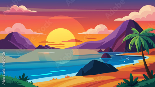 Vector art of vibrant tropical beach sunrise with a palm tree, calm sea, and colorful sky, creating a serene and picturesque coastal paradise scene