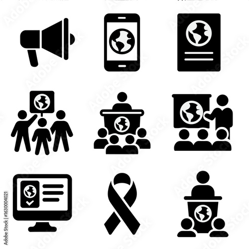 Climate Campaign Icons. Solid, filled icons set of Climate awareness campaigns: megaphone, social media, flyer