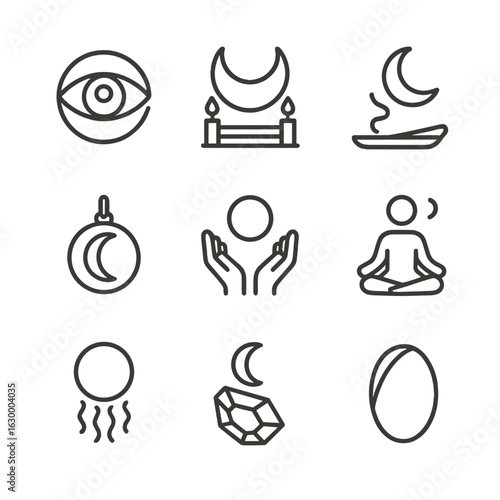 Spiritual Moonrise Icons. Outline icon set of spiritual moonrise: third eye moon, moon altar, incense and moon, moon medallion,