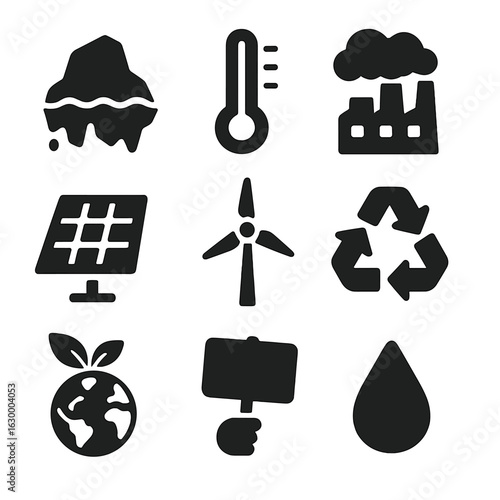 Climate Change Icons. Solid, filled icons set of Climate Change Awareness: melting glacier, rising thermometer