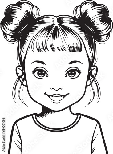 Adorable Girl Portrait: A charming monochrome illustration of a sweet girl with adorable hair buns, radiating joy and innocence with her bright eyes and gentle smile.