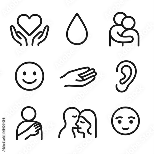 Emotional Gentleness Icons. Outline icon set of emotional gentleness: heart in hands, tear drop, comforting hug, smile icon,