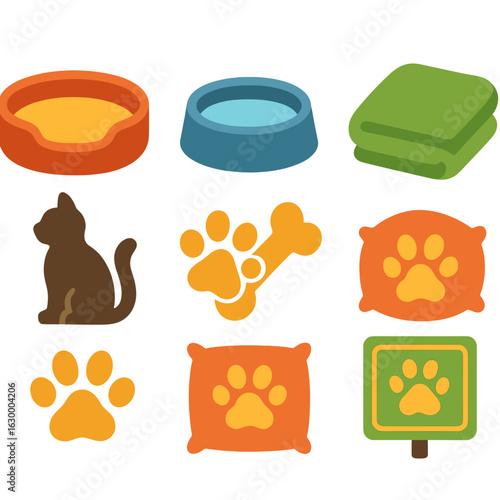 Pet-Friendly Zone Icons. Flat vector mini-illustrations pet-friendly viewing area in colors children's illustrations: pet bed,