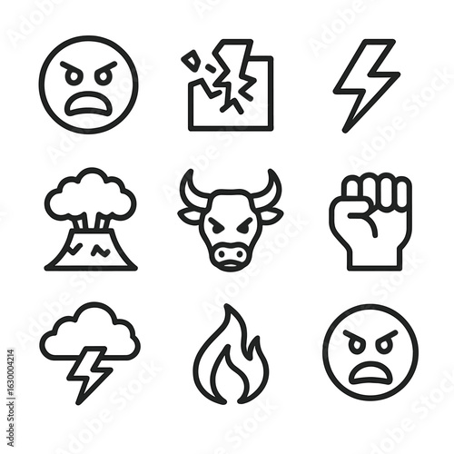 Emotional Icon Grid. Outline icon set of powerful emotions: fury face, smashed object, lightning bolt, volcanic explosion, raging