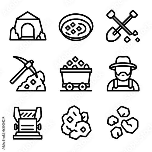 Gold Mining Icons. Outline icon set of gold minerals and extraction: gold mine, gold pan, gold shovel, gold pickaxe, gold vein,