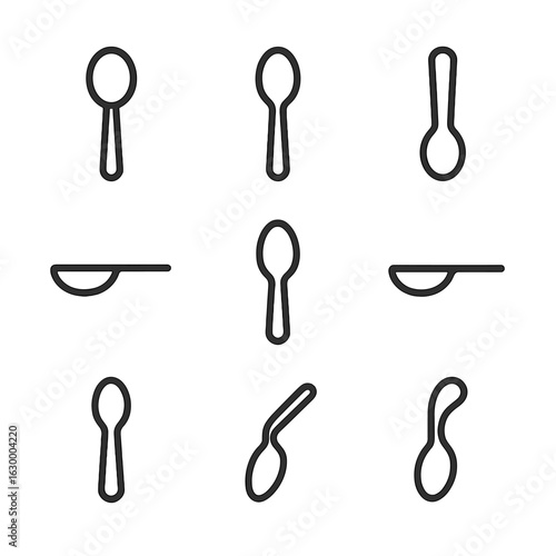 Spoon Icon Set. Outline icon set of tablespoon shapes and styles: round spoon, oval spoon, long handle spoon, flat spoon, deep