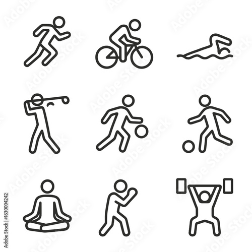 Sports Movement Icons. Outline icon set of sports movements: sprinting, cycling, swimming stroke, golf swing, basketball dribble,