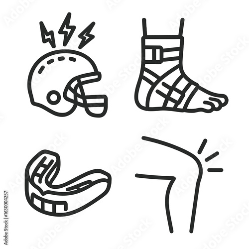 Sports Injury Icons. Outline icon set of trauma in sports: concussion helmet, ankle brace, mouth guard,