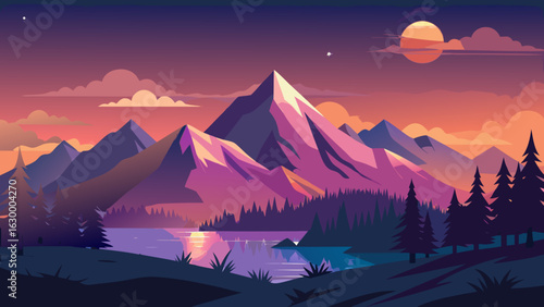 Vector art of majestic mountain range illuminated by a vibrant sunset, with a serene lake reflecting the colorful sky and surrounding pine forest