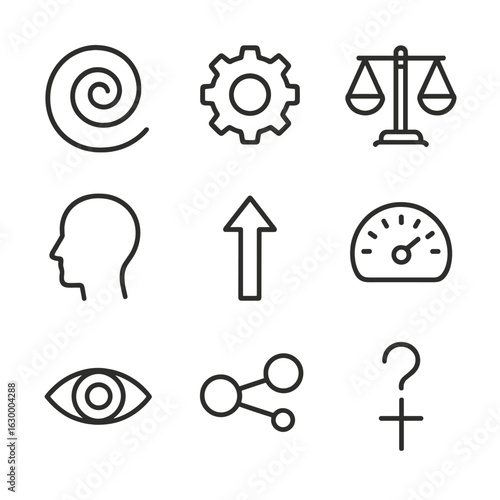 Philosophy Icon Grid. Outline icon set of philosophical arguments for God’s existence: cosmological spiral, teleological gear,