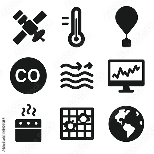 Climate Science Icons. Solid, filled icons set of Climate change science and monitoring: satellite,