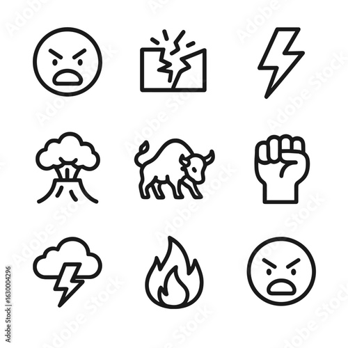 Emotional Icon Grid. Outline icon set of powerful emotions: fury face, smashed object, lightning bolt, volcanic explosion, raging