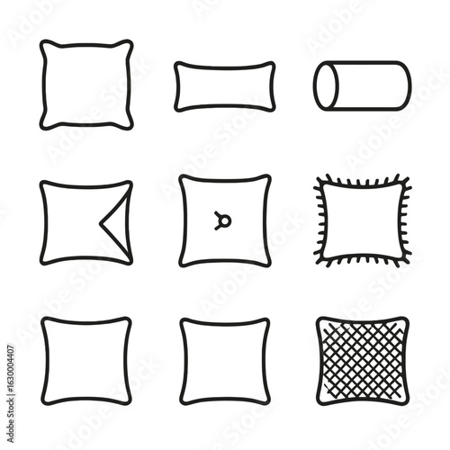 Pillow Icon Collection. Outline icon set of pillow shapes and styles: square pillow, lumbar pillow, bolster pillow, round pillow,