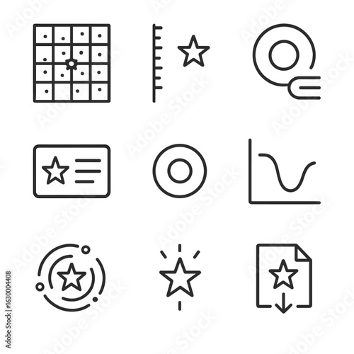 Star Chart Icons. Outline icon set of star charts and data: star coordinate grid, magnitude scale, spectral type icon, catalog