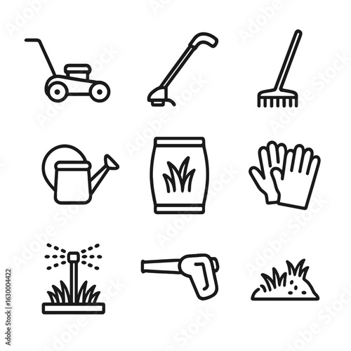 Grass Maintenance Icons. Outline icon set of grass maintenance tools: lawn mower, grass trimmer, rake, watering can, fertilizer