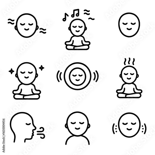 Emotional Hum Icons. Outline icon set of hum in emotional states: calm, relaxing hum, background noise, peaceful ambiance,