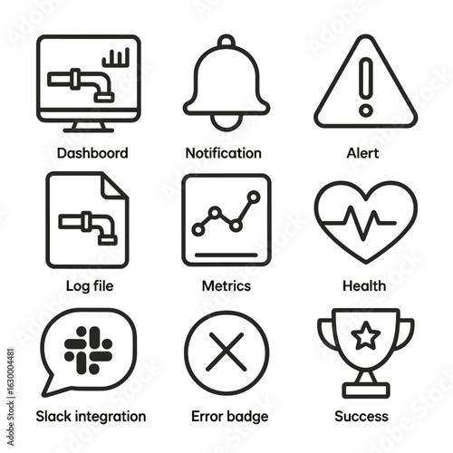 Pipeline Monitoring Icons. Outline icon set of pipeline monitoring and feedback: dashboard display, notification bell, alert