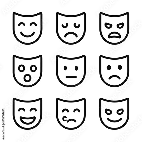 Emotional Mask Icons. Outline icon set of mask emotions: happy mask, sad mask, angry mask, surprised mask, neutral mask, scared