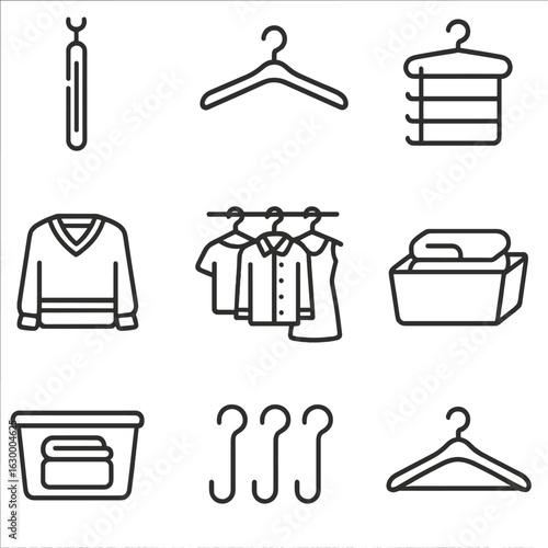 Closet Organization Icons. Outline icon set of closet space saving tips: hanging vertically, using slim
