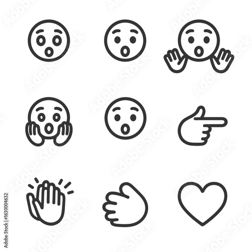 Awe Expression Icons. Outline icon set of awe in human expressions: wide eyes, open mouth, raised eyebrows, outstretched hands,