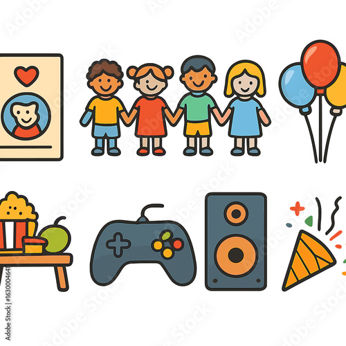 Playdate Invitation Icons. Flat vector mini-illustrations planning playdates and socialization in colors children's illustrations: