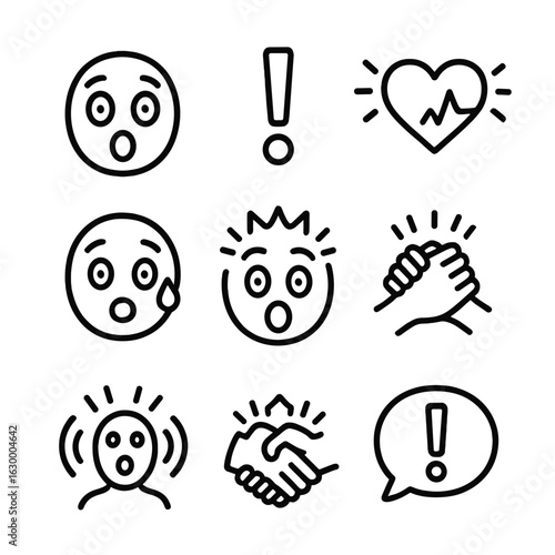 Emotional Shock Icons. Outline icon set of emotional shock: wide eyes, open mouth, exclamation mark, heart pounding, sweat drop,