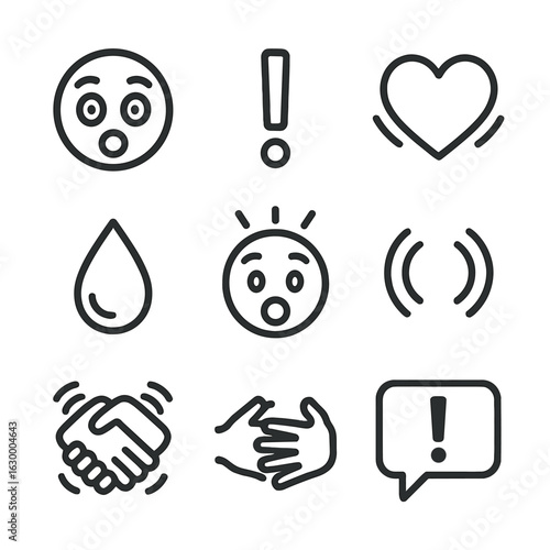 Emotional Shock Icons. Outline icon set of emotional shock: wide eyes, open mouth, exclamation mark, heart pounding, sweat drop,