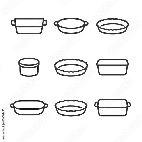 Stoneware Icon Set. Outline icon set of stoneware baking essentials: rectangular baker, oval baker, pie dish, ramekin, tart dish,